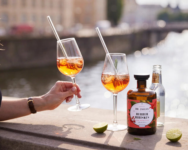 Zwei Weingläser Hibiskus Spritz mit Eis am Flussufer, daneben Flasche Herber Hibiskus, Tonic Water und Limetten