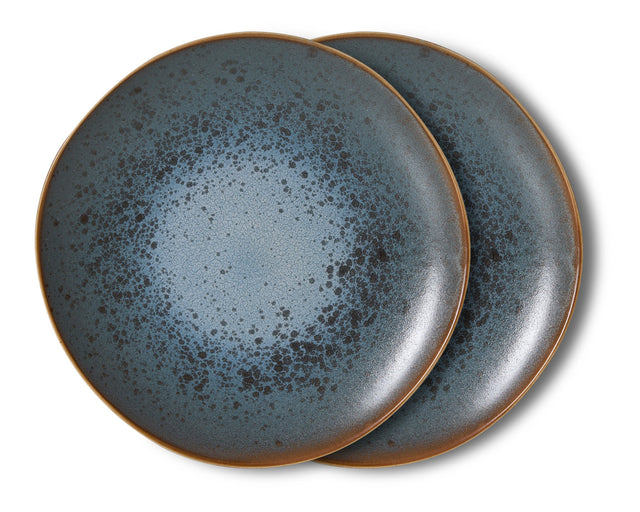 Zwei Dessertteller MINERAL von HKliving aus Steinzeug, tiefblau gesprenkelt mit karamellbraunem Rand