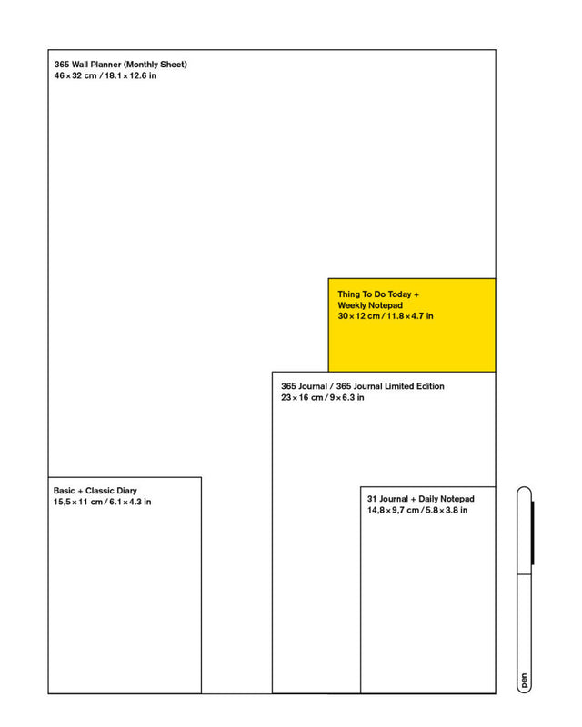 Größenvergleich: der To-do-Block mit 30 x 12 cm im Vergleich zu Planern, Journalen und Wandplaner