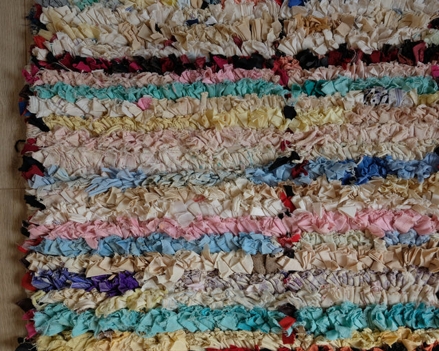 Detail: Bänder aus Stoffresten in Rosa, Hellblau, Türkis und Gelb