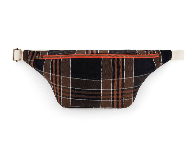 Bauchtasche BUM BAG von Rose in April im Tartan-Karo in Schwarz, Braun und Rost mit orangerotem Reißverschluss