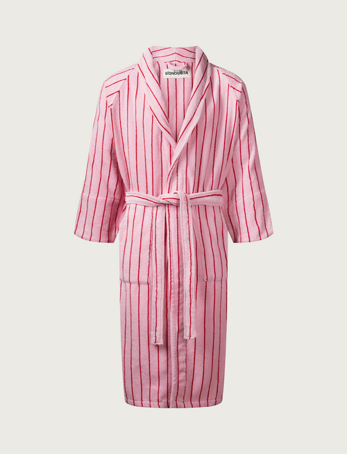 Bademantel NARAM von Bongusta in Baby Pink & Ski Patrol Red: Babyrosa mit roten Streifen, Schalkragen und gebundenem Gürtel