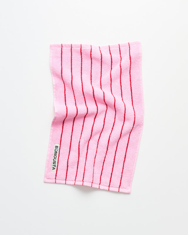 Gästehandtuch NARAM 30 x 50 cm in Rosa mit roten Streifen und Bongusta-Etikett