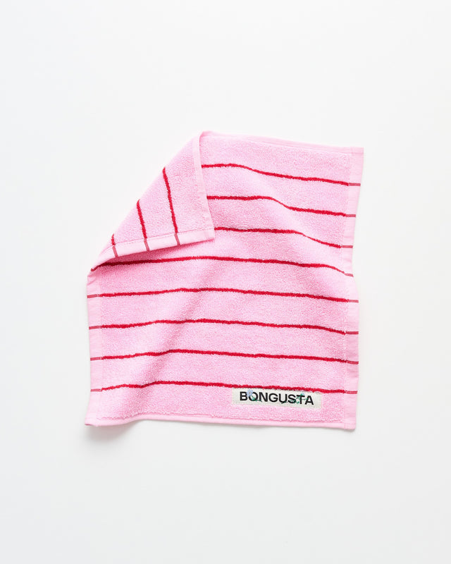 Waschlappen NARAM 30 x 30 cm in Rosa mit roten Streifen, eine Ecke umgeschlagen