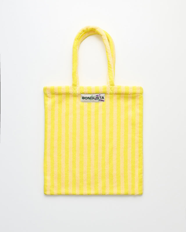 Tote Bag NARAM von Bongusta in Pristine & Neon Yellow, breit gestreift in Neongelb und Cremeweiß, flach liegend auf hellem Grund