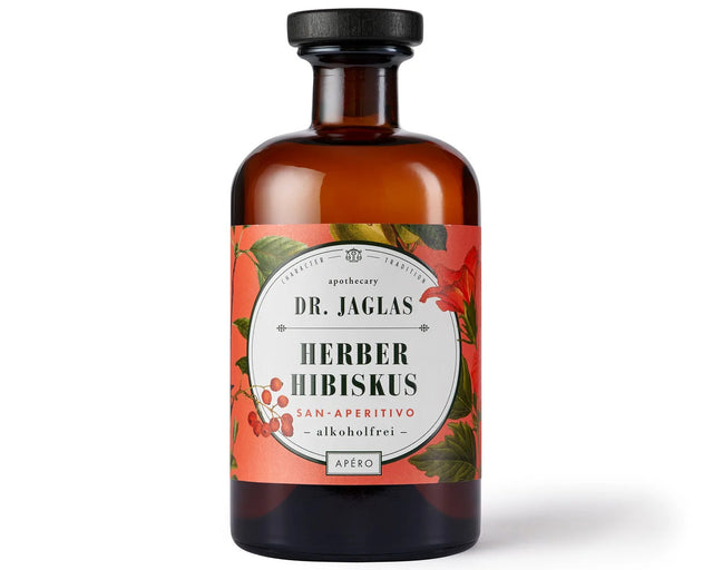Flasche Dr. Jaglas Herber Hibiskus, alkoholfreier Aperitif, 500 ml, vor weißem Hintergrund