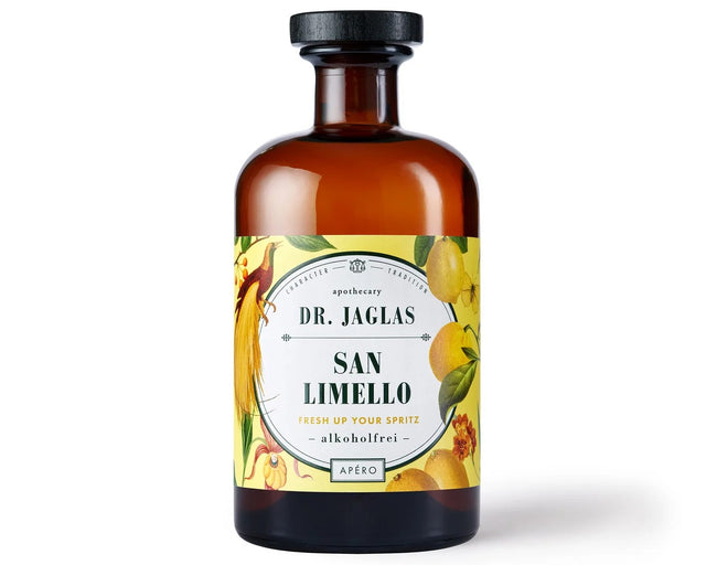 Flasche Dr. Jaglas San Limello, alkoholfreier Aperitif, 500 ml, vor weißem Hintergrund