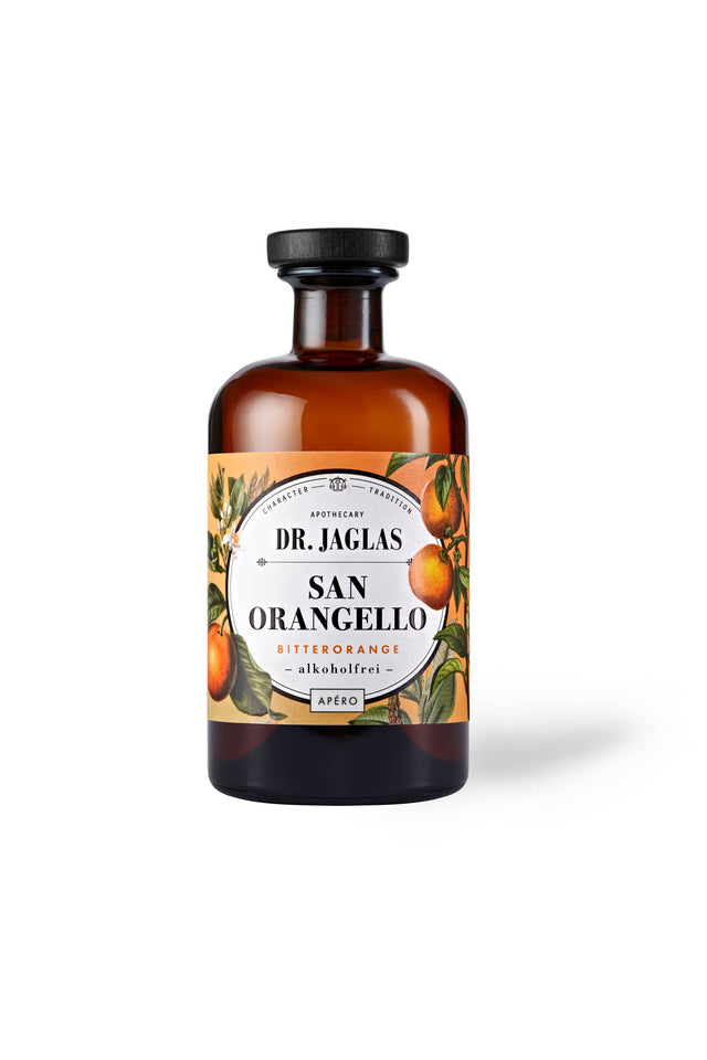 Braunglasflasche Dr. Jaglas San Orangello, Bitterorange alkoholfrei, mit orangem Etikett vor weißem Hintergrund
