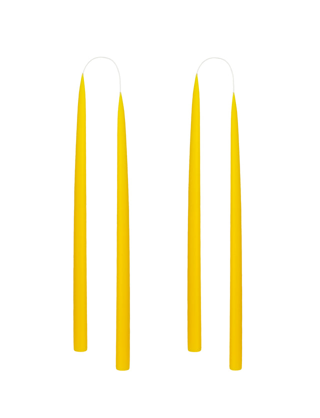 Vier konische Stabkerzen in Lemon Yellow, 35 Zentimeter hoch