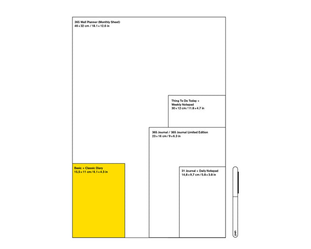 Größenübersicht Marjolein Delhaas: der Basic Planner mit 15,5 x 11 cm ist gelb hervorgehoben