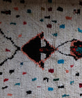 Detail: Raute aus dünnen Linien, dunkles Dreieck mit korallfarbenem Rand und bunte Quadrate