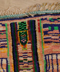 Schmalseite mit grün-schwarzem Mittelstreifen, blauen Feldern und bunten Fransen