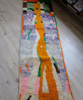 Vintage-Läufer CURRY LANE 0,80 x 2,90 m von oben: currygelbes Band auf Flieder und Cremeweiß, oben Schachbrettmuster, unten Fransen